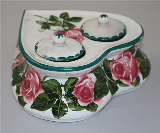 A Wemyss cabbage rose pattern heart shaped ink stand, early 20th century, length 18cm